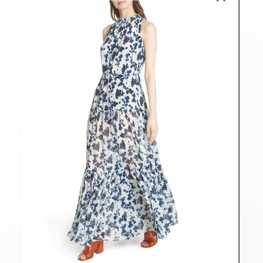 Elizabeth And James Mock Neck Blue White Print Maxi Dress Size L